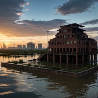 Create a post-apocalyptic scenario where water flooded the earth, with few trees and many structures and buildings. Add high-resolution details such as abandoned buildings, cracks in the structure, faulty electrical installations, and poor lighting. The scene should have a mysterious and dark tone, with elements of water and ruins, high resolution, hyper detailed, add vessels used as cities, ship cities, 8k, lots of quality