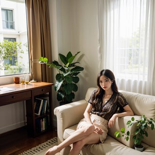 living room, couch, window, curtains, dappled sunlight, potted plant, table, cabinet,bookshelf, paper, desk lamp, typewriter, girl sitting on sofa