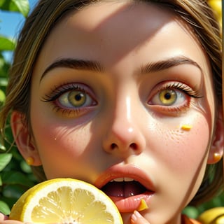 a girl eating a lemon, hyper detailed face, beautiful detailed eyes, beautiful detailed lips, extremely detailed face and eyes, long eyelashes, girl in a bright sunny garden, realistic, photorealistic, 4k, 8k, highres, masterpiece, ultra-detailed, vivid colors, natural lighting, warm color tones, lush foliage, summer day, detailed background, professional photography