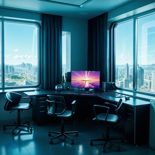 there is a computer desk with a monitor and a chair in front of a window, futuristic room background, retro futuristic apartment, futuristic room, futuristic interior, desktopography, futuristic. game cg, futuristic decor, photograph of 3d ios room, cgsociety 9, gorgeous 3d render, stunning 3d render, stunning 3 d render, the cyberpunk apartment