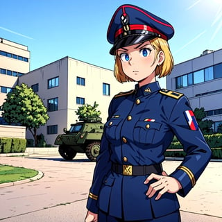 there is a girl in a uniform standing in front of a building, full uniform, set in ww2 germany, officers uniform, in black military uniform, in black uniform, inspired by Adolf Ulric Wertmüller, general uniform, uniform, fascist police, outfit: cop, full dress uniform, backdrop, wearing military uniform, military uniform, carl gustav, officer