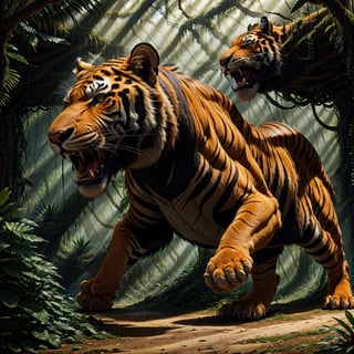 (best quality,4k,8k,highres,masterpiece:1.2),ultra-detailed,(realistic,photorealistic,photo-realistic:1.37),saber-toothed tiger with vibrant fur,sharp canines,strikingly detailed eyes,thick tufts of fur around the neck,ferociously detailed facial features,exquisite muscle definition,strong and powerful body,impeccable sense of realism and authenticity,surrealistic landscape backdrop featuring a prehistoric forest with ancient trees and lush vegetation,mesmerizing play of sunlight and shadows,powerful and dramatic lighting,brilliantly colored with vibrant hues and rich tones,enhanced with HDR to bring out every intricate detail,toothed tiger appears like a majestic predator frozen in time and space,portrays the essence of ancient and mystical wilderness,evoke a sense of awe and fear,creates a breathtaking and awe-inspiring masterpiece.