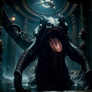 A nightmarish ancient sea creature, Cthulhu, towering monstrosity, eldritch horror, tentacles writhing, sunken eyes, gaping maw, alien anatomy, dark fantasy, cosmic horror, muted colors, dramatic lighting, chiaroscuro, photorealistic, 8k, hyper detailed, cinematic composition, dramatic angles, moody atmosphere, ominous presence, unsettling ambiance