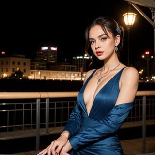 st. louis (luxurious wheels) (azur lane), hair ornament, portrait, silver dress, revealing clothes, necklace, blue nails, cityscape, night, rain, wet, ,(masterpiece:1.4),(best quality:1.4),realistic,fashi-girl,makeup,red lips,looking at viewer, solo,earrings,8k,best quality, masterpiece, purple eyes,beautiful light,background is a supercar,Masterpiece