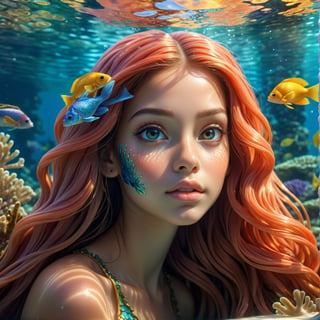  a mermaid princess, extremely detailed, beautiful face, long flowing hair, underwater scene, coral reef, schools of tropical fish, sunlight shimmering through the water, intricate seaweed and kelp, photorealistic, digital art, award winning, 8k, hyper detailed,GIRL