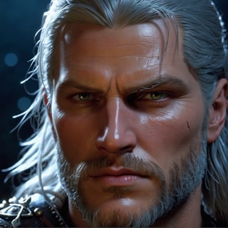 Portrait of actor Travis Fimmel as Geralt of Rivia at night, his face is illuminated by the full moon, he has a beard, model shooting style (extremely detailed CG unity 8k), full frame photography of the most beautiful work of art in the world, medieval witcher armor, professional majestic painting by Greg Rutkowski, trending on ArtStation, trending on CGSociety, intricate, highly detailed, clear focus, dramatic, photorealistic painting by Midjourney