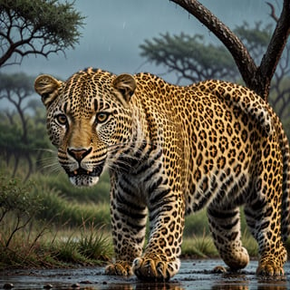 a leopard in a rainy savanna at dusk, realistic, 4k, extremely detailed, highly detailed animal, realistic fur, realistic lighting, dramatic lighting, moody atmosphere, muted colors, beautiful cinematic composition, photorealistic, award winning photograph