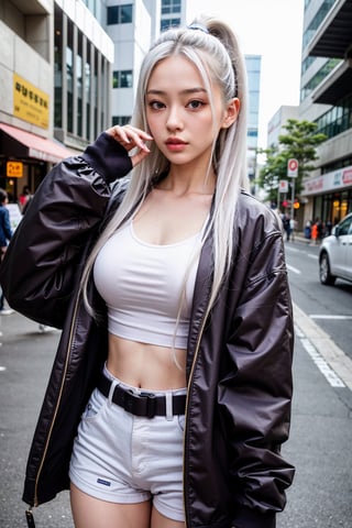 1girl, white hair, long hair, techwear masterpiece, bestquality, realistic, realism, dark purple jacket, portrait, detailed eyes, wearing headset, platinum hair, 21 year old girl, fashion pose, half body, wide shoot, on the street, cyberpunk