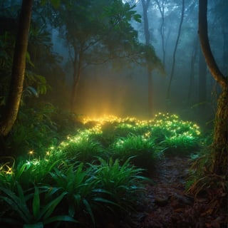((Best Quality, 8K, Masterpiece: 1.3),realistic,(best quality,realistic:1.37)thick dense forest,glowing fireflies,rainy night,moist air,foggy atmosphere,dripping leaves,dewy grass,majestic trees,mysterious shadows,serene ambiance,gentle raindrops,peaceful solitude,whispering breeze,nature's symphony,Latin American rainforest,enchanted evening,hint of moonlight,sparkling bioluminescence,lush vegetatio