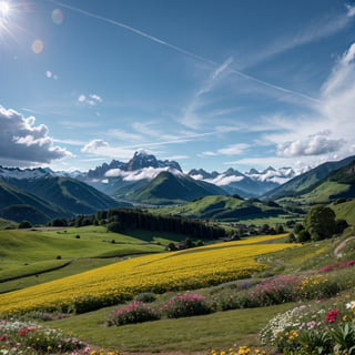 a beautiful lush green field with colorful flowers, towering snow-capped mountains in the background, sunlight filtering through clouds, serene and peaceful atmosphere, highly detailed, photorealistic, 8k, intricate details, vivid colors, natural lighting, landscape, panoramic view, majestic, breathtaking