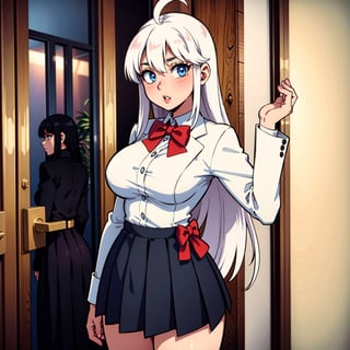 Arya, 1girl, solo, long hair, blue eyes, ahoge, bow, looking at viewer, red bow, jacket, bowtie, long sleeves, breasts, shirt, open jacket, red bowtie, door, cowboy shot, collared shirt, indoors, school uniform, white hair, standing, open clothes, skirt, bangs, dress, grey jacket, black dress, blush, pleated skirt, parted lips, medium breasts, pleated dress, white shirt, hair between eyes, white jacket, hand up, blazer, black skirt, thighs, open door, hallway