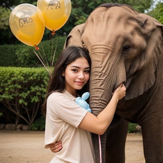 A girl with a zoo, many balloons, happy, happy, perfect quality, clear focus (clutter-home: 0.8), (masterpiece: 1.2) (Realistic: 1.2) (Bokeh) (Best quality) (Detailed skin: 1.3) (Intricate details) (8K) (Detail eyes) (Sharp focus), (Happy),elephant