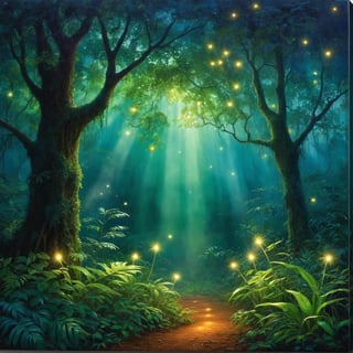 (best quality,realistic:1.37)thick dense forest,glowing fireflies,rainy night,moist air,foggy atmosphere,dripping leaves,dewy grass,majestic trees,mysterious shadows,serene ambiance,gentle raindrops,peaceful solitude,whispering breeze,nature's symphony,Latin American rainforest,enchanted evening,hint of moonlight,sparkling bioluminescence,lush vegetation,hidden treasures,nighttime wonderland,surreal beauty,mysterious flickering lights,emerald hues,calming sounds of nature,silhouette of wildlife,magical dance of lights,ethereal glow,flickering fireflies,hypnotic scene,enchanted forest,watercolor painting effect,subtle color gradients,soft lighting,sublime landscape.
