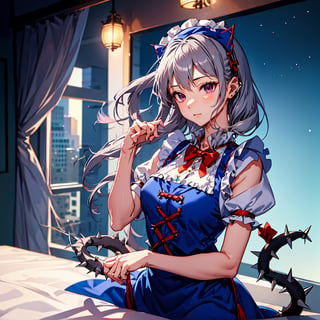 ((16 Nights Sakiya)), ((Touhou Project)), Cosplay, 20-year-old woman, (((gray hair)), ((medium spiky hair)), ((blue maid outfit)), ((white blouse)), midchest, (light)))), (pose))), (photorealistic photo), rim lighting, (high detail skin), 8K UHD, dslr, high quality, high resolution, 4K, 8K, Bokeh, Absurdity, Best ratio four fingers and one thumb, (Real), Cutest 1 Girl, Lots of Knives