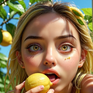 a girl eating a lemon, hyper detailed face, beautiful detailed eyes, beautiful detailed lips, extremely detailed face and eyes, long eyelashes, girl in a bright sunny garden, realistic, photorealistic, 4k, 8k, highres, masterpiece, ultra-detailed, vivid colors, natural lighting, warm color tones, lush foliage, summer day, detailed background, professional photography