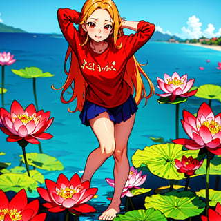 Samia, girl, solo, shirt, looking at you, face, perfect, flowers, high quality, radiant, knight, godly, red shirt, red velvet, water, ocean, lotus
