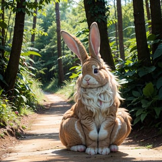 a rabbit with long fluffy rabbit ears, cute bunny, detailed fur texture, adorable animal, rabbit in the forest, forest background, nature scenery, (best quality,4k,8k,highres,masterpiece:1.2),ultra-detailed,(realistic,photorealistic,photo-realistic:1.37),HDR,vivid colors,soft lighting