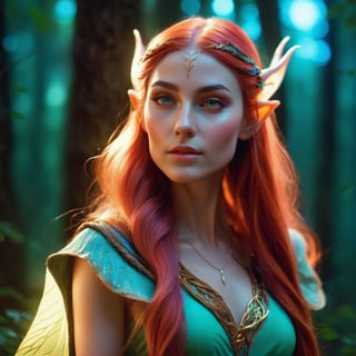 a beautiful elf woman, detailed facial features, long pointy ears, ethereal glowing skin, long flowing hair, elegant posture, detailed clothing, fantasy forest background, magical glowing lights, cinematic lighting, vibrant colors, digital art, intricate details, 8k, photorealistic