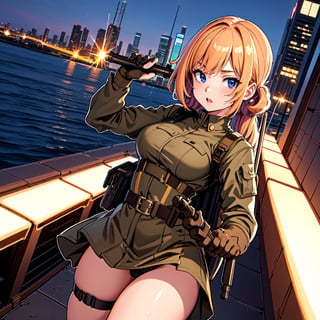 (best quality,4k,8k,highres,masterpiece:1.2),ultra-detailed, girl with a weapon in hands,uniform millitary,urban cityscape in the background