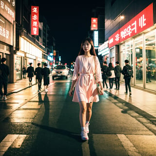 Korea girl walking on the street, cinematic style soft lighting glow effect
