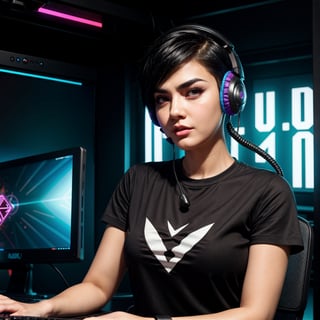 4 cards cartoon style, cyberpunk, short hair, thick eyebrows, digital punk, anime style 4K, short sleeve gaming clothes, black hair, computer room, overhead gaming headset