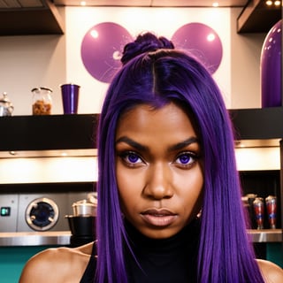 futuristic girl, dark skin, purple colored eyes, space, purple hair, blue hair, pink hair, long hair, dark skin, futuristic coffee shop