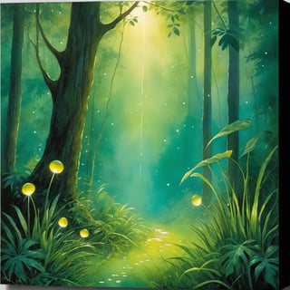 (best quality,realistic:1.37)thick dense forest,glowing fireflies,rainy night,moist air,foggy atmosphere,dripping leaves,dewy grass,majestic trees,mysterious shadows,serene ambiance,gentle raindrops,peaceful solitude,whispering breeze,nature's symphony,Latin American rainforest,enchanted evening,hint of moonlight,sparkling bioluminescence,lush vegetation,hidden treasures,nighttime wonderland,surreal beauty,mysterious flickering lights,emerald hues,calming sounds of nature,silhouette of wildlife,magical dance of lights,ethereal glow,flickering fireflies,hypnotic scene,enchanted forest,watercolor painting effect,subtle color gradients,soft lighting,sublime landscape.