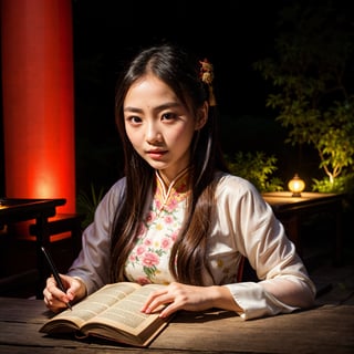 A photo of a beautiful girl in a traditional Chinese dress looking at ancient chinese book under lamp on a low table in garden surrounded by old walls in a peaceful night,((her right hold a pen and her left hand place on table)),((masterpiece)),realistic,4k,extremely detailed,((beautiful big eyes))