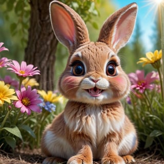 a cute rabbit with long brown ears, detailed fur, big eyes, button nose, adorable smile, sitting in a meadow of colorful flowers, sunlight streaming through the trees, soft pastel colors, ethereal, whimsical, magical, detailed, 8k, high resolution, photorealistic