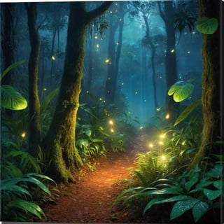 (best quality,realistic:1.37)thick dense forest,glowing fireflies,rainy night,moist air,foggy atmosphere,dripping leaves,dewy grass,majestic trees,mysterious shadows,serene ambiance,gentle raindrops,peaceful solitude,whispering breeze,nature's symphony,Latin American rainforest,enchanted evening,hint of moonlight,sparkling bioluminescence,lush vegetatio