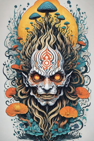 Leonardo Style, illustration,Centred vector art, high contrast, Well-defined black lines, A mystical oni being with hair as if they were floating roots and some blooming  flowers and mushrooms, trippy Optical illusion ,traditional Vietnamese style, intense dark colors , LSD trip style ,  Centred vector art, ,oni style,Bluey Style,dfdd