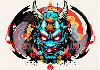 centered, vector,t-shirt art ready to print, highly Detailed illustration very details  oni style vector mask ,lost in galaxy background, Tshirt design, streetwear design, pro vector, japanese style, full design, 6 colors only, solid colors, no shadows, full design, warm colors, sticker, bright colorsset against a background, high detail black background, srbg, 