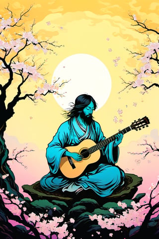 Full-body image, Leonardo Style, Centred illustration,Centred vector art  , i ultra detailed A A mystical Entity Playing acoustic guitar under a cherry blossom tree   At sunset in a Zen garden , psichodelic art style, , Well-defined black lines, 4k, hud, 35mm photorealistic ,Kensuke Takahashi y style, intense  beautiful colors , Hallucinogenic lsd trip style , black flat background Merging with image ,  Centred vector art, ,vector art illustration,,tshirt design,breakcore,breakcore ,Magical Fantasy style,
