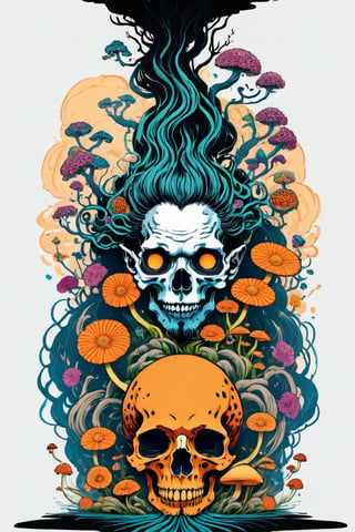 Leonardo Style, illustration,Centred vector art, high contrast, Well-defined black lines, A mystical being with hair as if they were floating roots and some blooming  flowers and mushrooms ,traditional Chinese style, intense dark colors , LSD trip style ,  Centred vector art, ,oni style