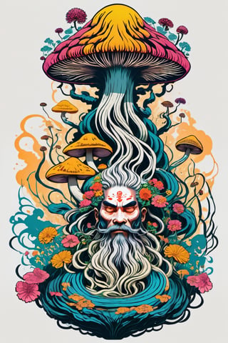 Leonardo Style, illustration,Centred vector art, high contrast, Well-defined black lines, A mystical being with hair as if they were floating roots and some blooming  flowers and mushrooms ,traditional Chinese style, intense dark colors , LSD trip style ,  Centred vector art, ,oni style