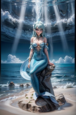 Masterpiece. A gorgeous mermaid sitting graceful on a rock in the middle of the sea. The scene takes place outside. Beach. Ocean. Magic atmosphere. (((full body))).,