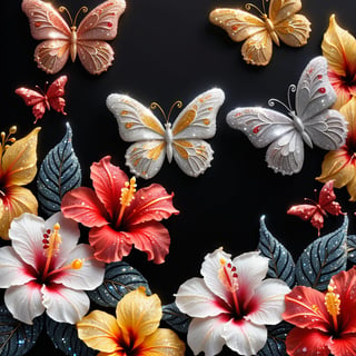 (Top quality, 8K, high resolution, masterpiece), ultra detailed, simple background, flowers, crystals, black background, (text "TA 1st Anniversary"): 1.6), hibiscus, crown, butterfly, red, yellow, white flowers, colorful hibiscus,glitter