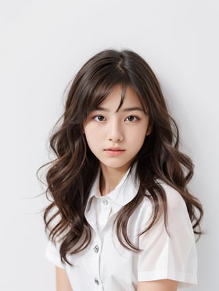 1girl, portrait, (age 13-16:1.4), gorgeous, (dynamic pose:0.8),studio lighting, white background, thai-japanese teen top model, bang, curly long hair, heterochromia, stewarddess uniform