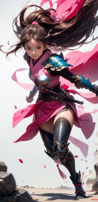 1 French-Japanese  girl, full body, small breasts, looking at viewer, blue eyes, brown hair, flower in ear, holding, standing, black and pink fantasy paladin armor,white background,tropical island beach,black and pink samurai armor,running, wind blown, holding a sword,weapon,r1ge