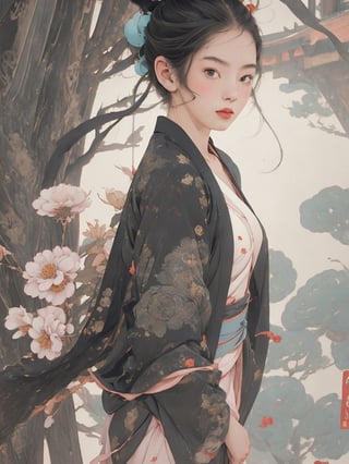 A full body portrait of a beautiful young girl, 1girl:1.4, (japanese preteen:1.0), (european preteen:1.2), (detailed face, detailed eyes), 18 years old, teen top models, heterochromia, parted lips, seductive, ginger drill hair, buns, twintails, at a japanese temple,8k uhd,realistic,photorealistic, highly detailed,high_resolution, cinematic lighting, detailed background,extremely realistic, photo realistic, slender girl, see-through, sexy pink and blue and black ninja combat suit, (see-through:0.7), cleavage, small breasts, face masked, (face blush:0.9), weapon,ohara koson,traditional media