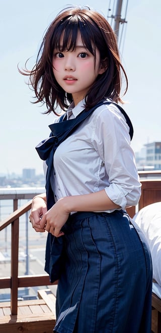 1 French-Japanese girl, standing, from below, small breasts, looking at viewer, blue eyes, brown hair, japanese serafuku uniform,white background,bedroom,wind blown,portrait,AgoonGirl,shirt_lift,skirt_lift,Realism