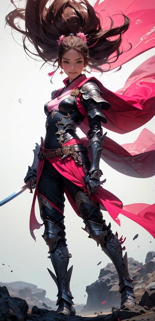 1 French-Japanese  girl, full body, small breasts, looking at viewer, blue eyes, brown hair, flower in ear, holding, standing, black and pink fantasy paladin armor,white background,tropical island beach,black and pink samurai armor,running, wind blown, holding a sword,weapon,r1ge