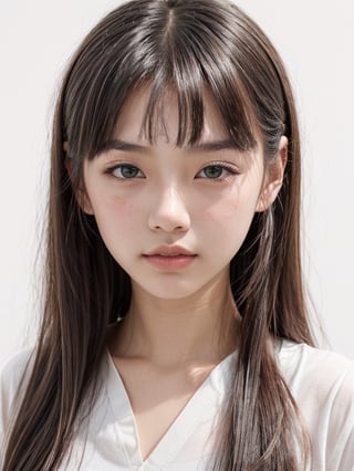 1girl, portrait, (age 13-16:1.4), gorgeous, (dynamic pose:0.8),studio lighting, white background, thai-japanese teen top model, bang, curly long hair, heterochromia, stewarddess uniform