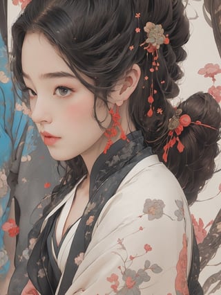 A full body portrait of a beautiful young girl, 1girl:1.4, (japanese preteen:1.0), (european preteen:1.2), (detailed face, detailed eyes), 18 years old, teen top models, heterochromia, parted lips, seductive, ginger drill hair, buns, twintails, at a japanese temple,8k uhd,realistic,photorealistic, highly detailed,high_resolution, cinematic lighting, detailed background,extremely realistic, photo realistic, slender girl, see-through, sexy pink and blue and black ninja combat suit, (see-through:0.7), cleavage, small breasts, face masked, (face blush:0.9), weapon,ohara koson,traditional media