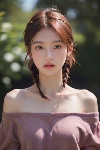 a 18 yo woman named Melissa, (long double braided ginger hair)((european teen:1.2),(japanese teen:0.7)), (hi-top fade:1.3), dark theme, soothing tones, muted colors, high contrast, (natural skin texture, hyperrealism, soft light, sharp), pink off-shoulder,akinanakamori