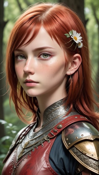 Composition from head to foot. Estimated to be around 14 to 18 years old. Her baby-faced eyes and eyebrows are proof of her strong will. She has very short passionate red hair with uneven bangs. She easily wears full armor with red woven into it here and there, and loves a slender double-edged sword. Her occupation is a heavy warrior in a Western European RPG. She deserves a small flower that blooms in the wilderness beneath her feet.