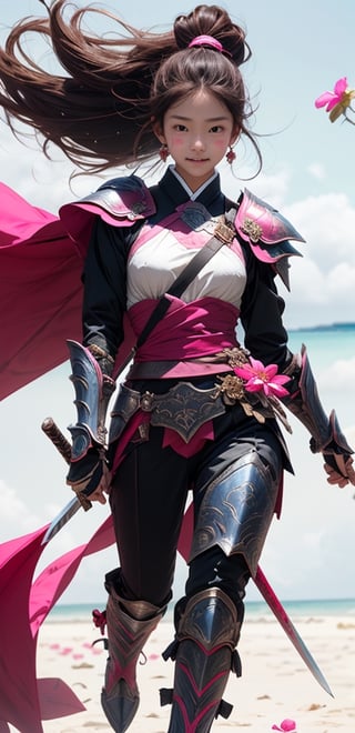 1 French-Japanese  girl, full body, small breasts, looking at viewer, blue eyes, brown hair, flower in ear, holding, standing, black and pink fantasy paladin armor,white background,tropical island beach,black and pink samurai armor,running, wind blown, holding a sword,weapon,r1ge