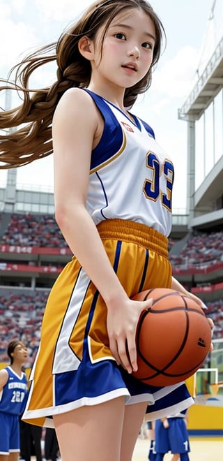 1 French-Japanese girl, standing, from below, small breasts, looking at viewer, blue eyes, brown hair, twinbraids, two-tone  basketball outfit, white background,stadium,wind blown,Detailedface,Extremely Realistic