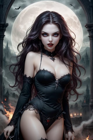 Official Art, Unity 8K Wallpaper, Super Detailed, Beautiful and Aesthetic, Masterpiece, Top Quality, uncanny valley, vampiress, blowing wavy wild hair, perfect eyes, perfect face, perfect mouth, perfect teeth, perfect fangs, perfect hands, perfect fingers, flirtatious, pure evil, evil smile, wicked expression, sexy, sinister, widow maker, dark tatoos, witchcraft theme background, full body shot,  by Luis Royo, More Reasonable Details