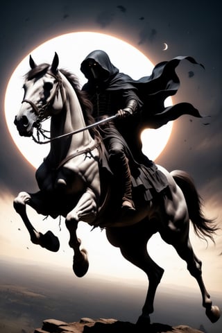 //quality
(((masterpiece))),best quality, full body portrait, solo horseman, grim reaper, skeletal, lich, deadman,
//Character
masterpiece, (((grim reaper on a flying_horse))), (riding through the sky), one arm raised holding a sword, (((flying))), (((holding a sword overhead))), wearing rusted armor,  scraming, ((brightly glowing eyes)), riding a horse with barding,
//Fashion
black cloak, rusted armor, (((no helmet))), hand held energy cannon, 
//Background 
(((total solar eclipse))), distant mountains, distant ruined modern city, daytime sky,EpicSky,zkeleton,weapon over shoulder,more detail XL,realistic